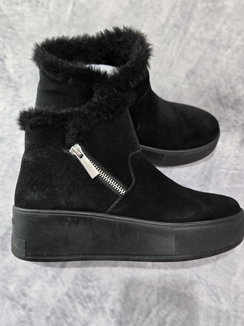 J/SLIDES Black Faux Fur Trim Platform Ankle Boots